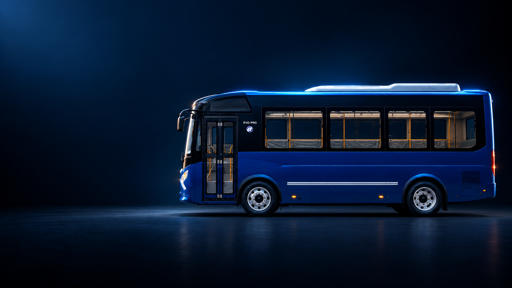 Blue EVO-PRO electric minibus shown in a dark studio side profile