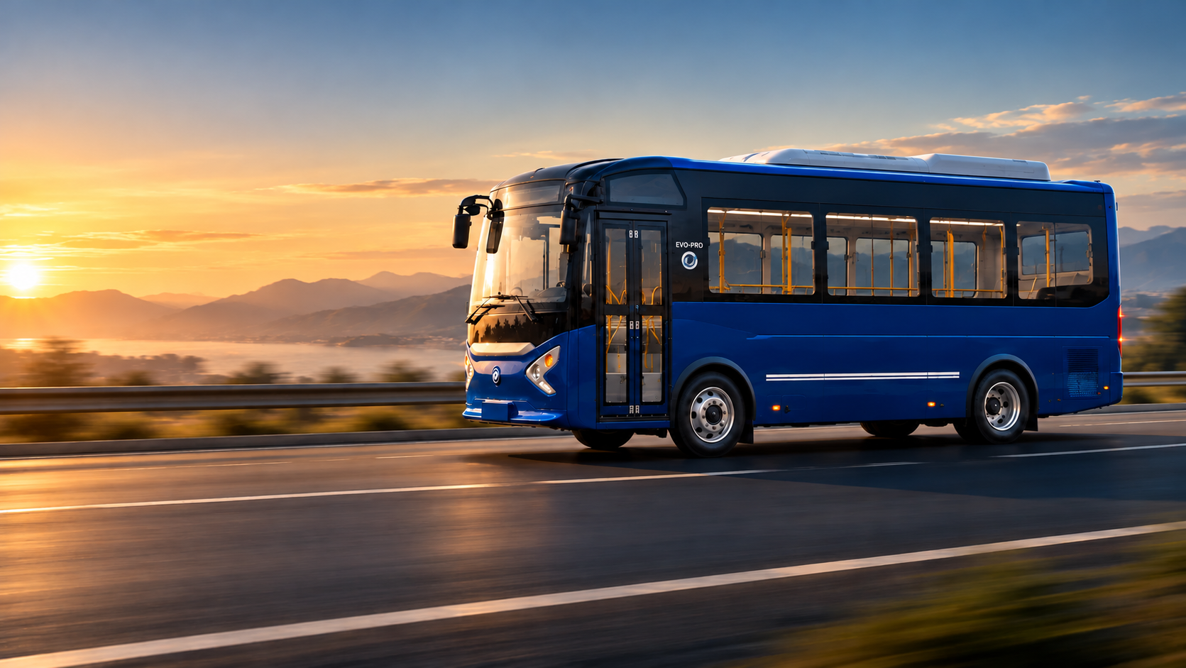 Blue EVO-PRO electric bus travelling on an open road at sunset
